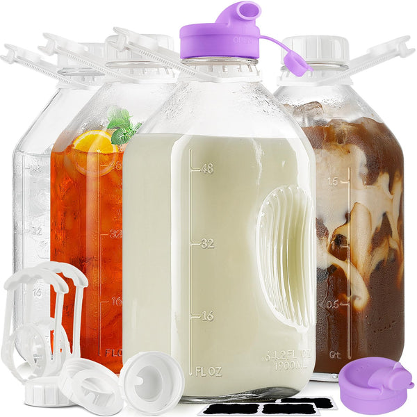 Ritayedet 4 Pack 64 Oz Heavy Duty Glass Milk Bottle with 1 Silicone Spout and 5 Reusable Airtight SCREW LID, 2 Qt Glass Water Bottle with 2 Exact