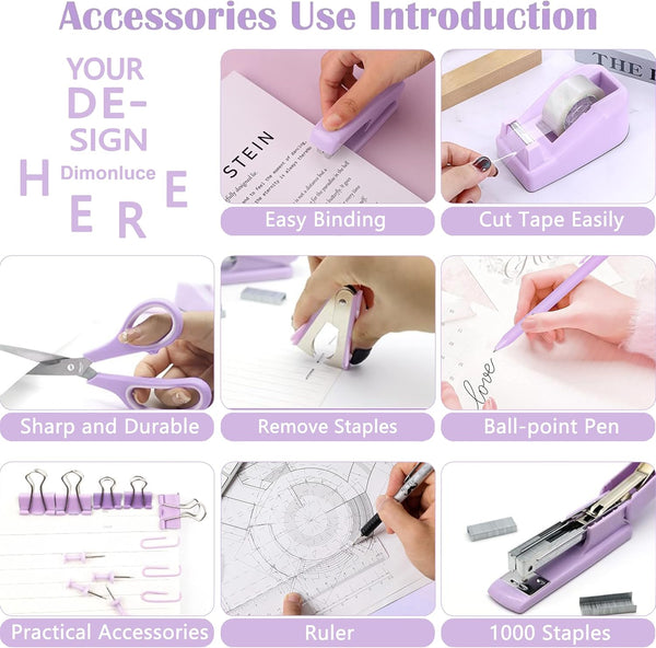 Purple Desk Accessories, Purple Office Supplies 360ÃÂ°Pen Holder Desk Organizers and Accessories with Tape Dispenser, Stapler, Staple Remover, 1000