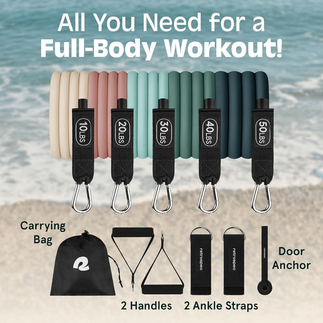 Retrospec Train Resistance Bands Set (5Pc) Workout Bands W/Handles, Door Anchor,