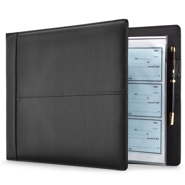 7-Ring Business Check Binder for Checkbooks Organization, Financial Records, Personal and Corporate Use, Black Faux Leat