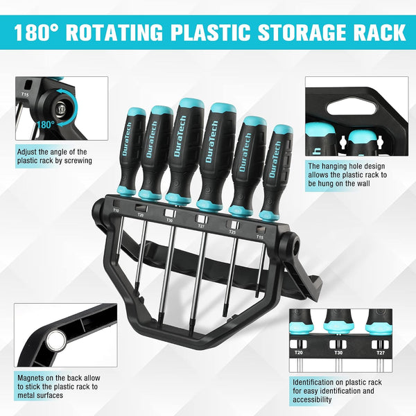 DURATECH 6-Piece Screwdriver Set, Magnetic Torx Screwdriver Set with 180° Rotating Storage Rack, Magnetic Tip, S2 Steel Shaft and Soft Handle,