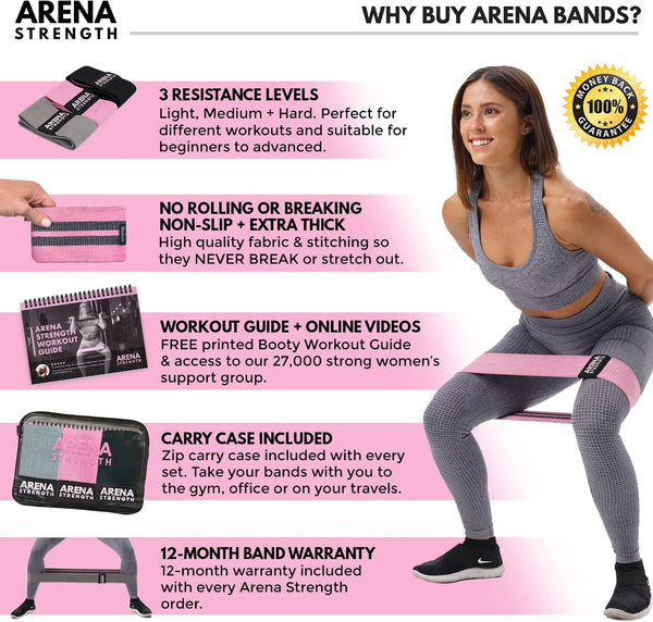 Arena Strength Fabric Booty Bands - Fabric Exercise Bands for Legs and Butt | Fabric Resistance Bands | Hip Resistance Bands with Workout Guide