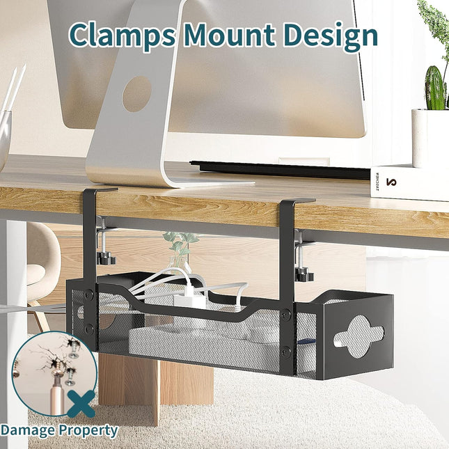 Under Desk Cable Management Tray No Drill, Metal Mesh Cable Management under Desk with Clamp Mount, 2 Hole Cable Tray wi