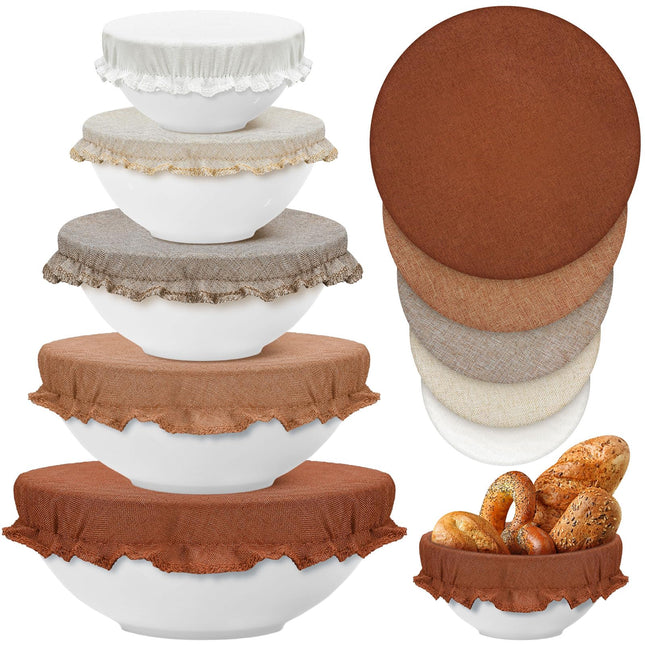 Patelai 10 Pcs Bowl Covers Reusable in 5 Size Stretch Cloth Fabric Elastic Food Storage Bowl Covers Bread Sourdough Lids