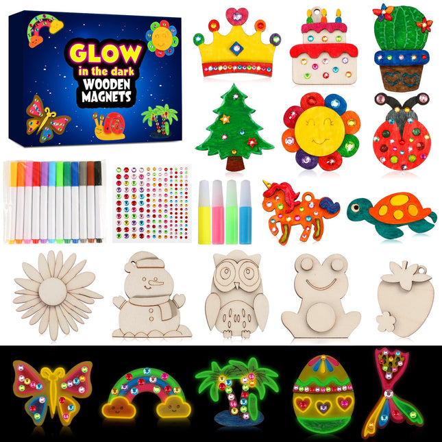 GWAHSA 30Pcs DIY Wooden Magnets, Glow in the Dark Wooden Art Craft Supplies Pain