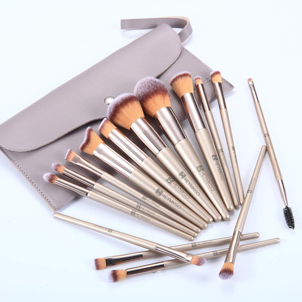 HEYMKGO Makeup Brushes 15PCS Champagne Gold Professional Makeup Brush Set Foundation Brush Blending Powder Blush Concealer Eye Make up Brush with Bag