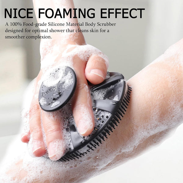INNERNEED Food-Grade Soft Silicone Body Scrubber Shower Brush, Black+Gray | Handheld Cleansing Skin Brush, Gentle Exfoliating and Lather Well,