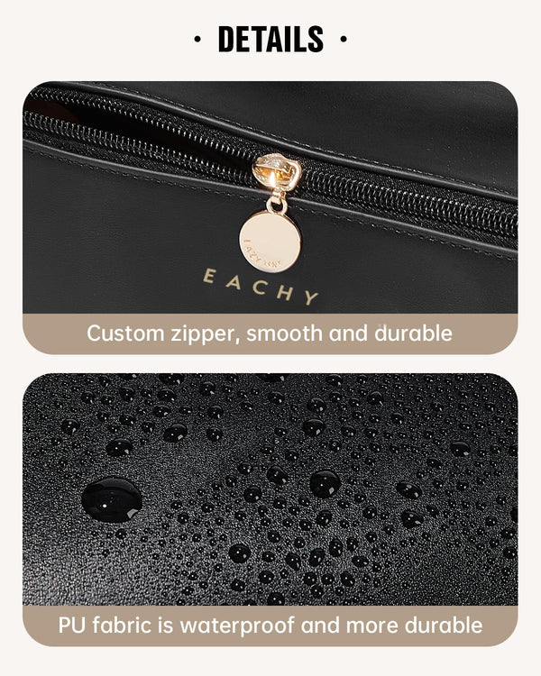 EACHY Travel Makeup Bag, Large Capacity Cosmetic Bag for Women, Waterproof PU Leather, Flat Open Portable Toiletry Bag for Skincare, Brushes &