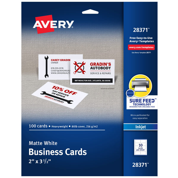 Avery Printable Business Cards with Sure Feed Technology, 2" x 3.5", White, 100 Blank Business Cards, Inkjet Printer Paper (28371) 2 x 3.5 inches