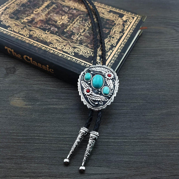 Vintage Native American Western Cowboy Blue Natural Turquoise Stone Bolo Tie Hand-woven Leather Bola Tie Necktie for Men