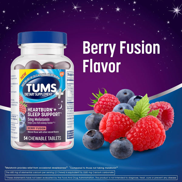 TUMS Chewy Bites Antacid Tablets Plus Sleep Support, Berry Fusion, 54 Count