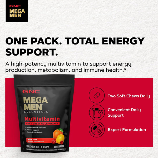 GNC GNC Mega Men Soft Chew Multivitamin for Men | Energy & Metabolism Support | Gluten Free | Mixed Fruit | 60 Count