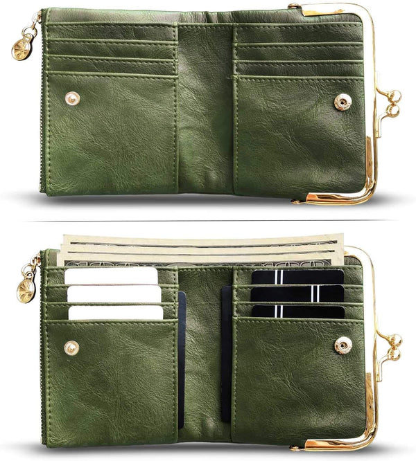 AOXONEL Womens Wallet Small Rfid Ladies Compact Bifold Leather Vintage Coin Purse With Zipper and Kiss Lock Green