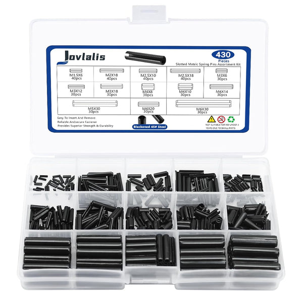 430 Pcs Roll Pin Set, Slotted Metric Spring Pins, Steel Split Expansion Pin M1.5 M2 M2.5 M3 M4 M5 M6, Spring Dowel Tension Roll Pins for Home