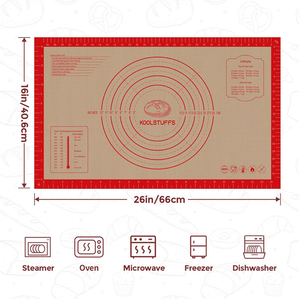 Silicone Pastry Mat - 26"X16" Non Slip Baking Mat with Measurements, Extra Large Dough Mats for Counter, Ideal for Rolling Dough, Fondant, Pizza,