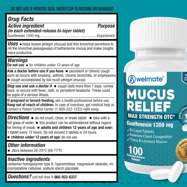 WELMATE Guaifenesin 1200 mg Mucus Relief, Maximum Strength, 100 Count | Extended-Release Expectorant Tablets, 12 Hour Chest Congestion Relief,