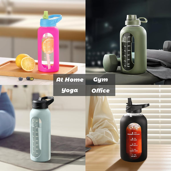 CIVAGO 32 oz Glass Water Bottle with Straw and Handle, Large Sports Motivational Water Bottle Flask with Time Marker and 2 Lids, Leakproof Water