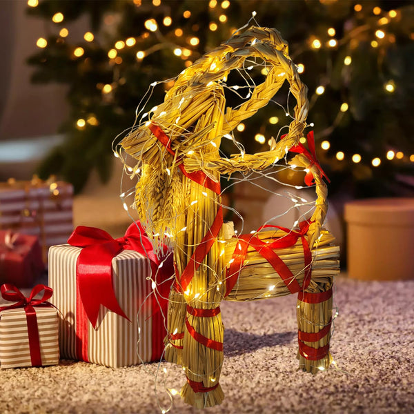 11.8" Lighted Christmas Straw Goat Home Decor Swedish Scandinavian Yule Style Decorative Handmade Ornaments with LED Light for Indoor Christmas
