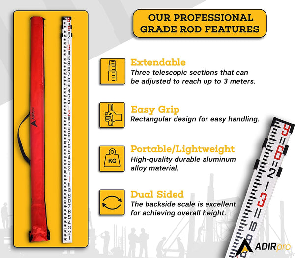 AdirPro 9 ft Aluminum Telescoping Grade Rod | Dual-Sided 5-Section Leveling Rod with 8th Foot Graduations & Locking Clamps | Bubble Level &