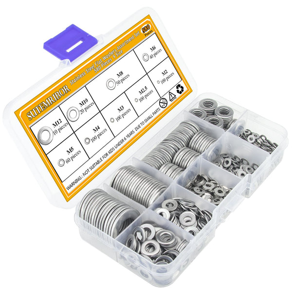 304 Stainless Steel Flat Washers Set 580 Pieces, 9 Sizes - M2 M2.5 M3 M4 M5 M6 M8 M10 M12