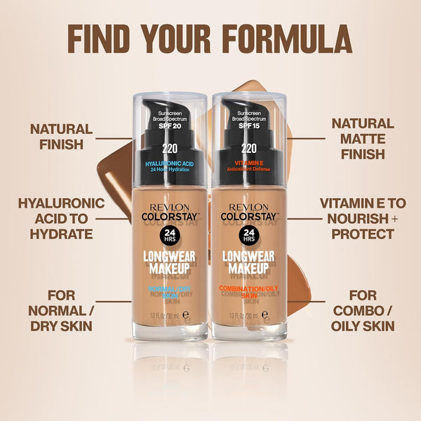 Revlon Liquid Foundation, Colorstay Face Makeup for Normal & Dry Skin, SPF 20, Longwear Medium-Full Coverage with Natural Finish, 200 Nude, 1 Fl Oz