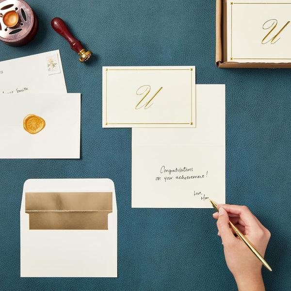 Pipilo Press Envelope Set - 4 x 6 in Ivory, Letter U Monogram, Pack of 24 - Personalized Gold Foil Note Cards & Matching Envelopes - 250 GSM Paper
