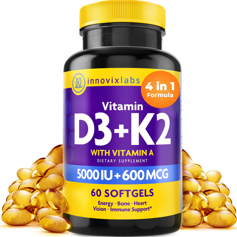 InnovixLabs Vitamin D3 K2-5000 IU Vitamin D3 Plus 600 mcg Vitamin K2 MK4 and MK7 for Max Calcium Absorption, Supports Bone, Immune, Heart Health,