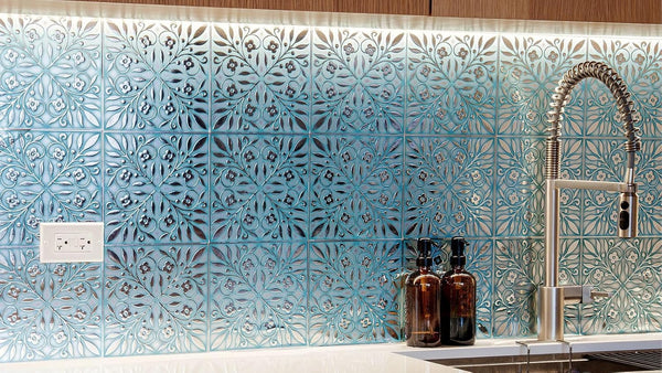 Main Street Peel and Stick Wallpaper Tiles, Teal & Silver Leaves, 24-Pack | 8"x8" tiles, covers 10.67 sq ft. Peel-and-stick paper, no extra