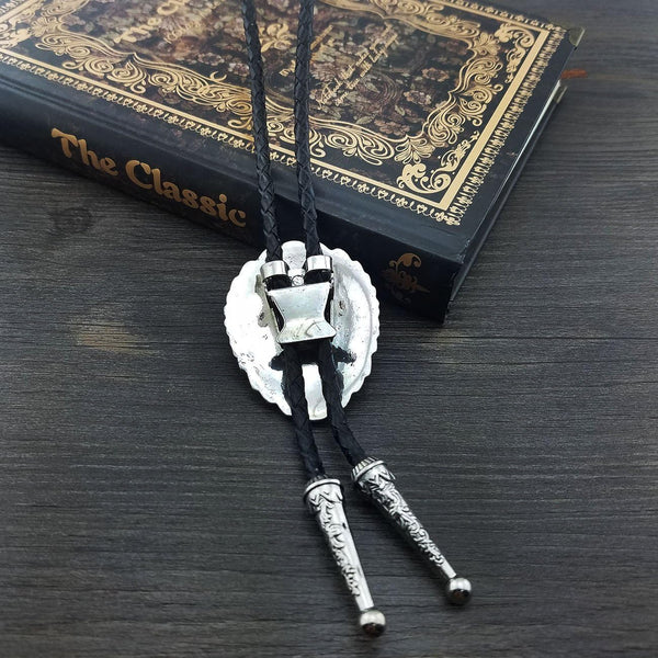 Vintage Native American Western Cowboy Blue Natural Turquoise Stone Bolo Tie Hand-woven Leather Bola Tie Necktie for Men