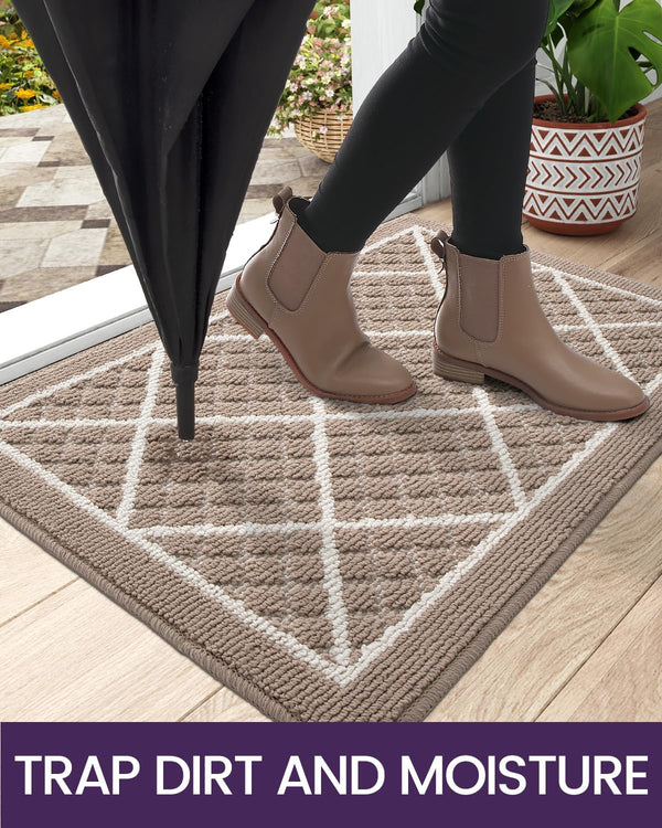 DEXI Front Door Mat Indoor Entryway 17x30 Inside Entrance Doormat Beige | Non Slip Low Profile Thin Absorbent Washable Entry Mats for House Floor,