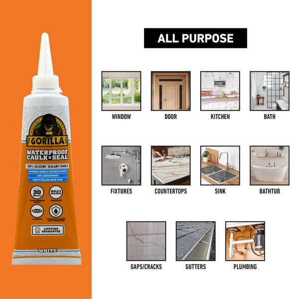 Gorilla 100% Silicone Caulk, Waterproof Sealant, 2.8oz Squeeze Tube (Pack of 2) – White -10 Year Mold Resistant Kitchen, Window, Bath, Marine,