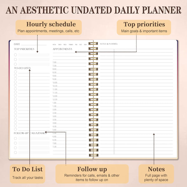 TREES Undated Daily Planner, 80-Day To-Do List with Hourly Schedule | Day-on-a-Page Agenda for Hourly Schedules, Priorities, Tasks and Notes,