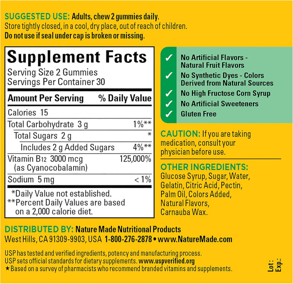 Nature Made Extra Strength Vitamin B12 Gummies, 3000 Mcg per Serving, B12 Vitamin Supplement for Energy Metabolism Support, 60 Gummy Vitamins, 30