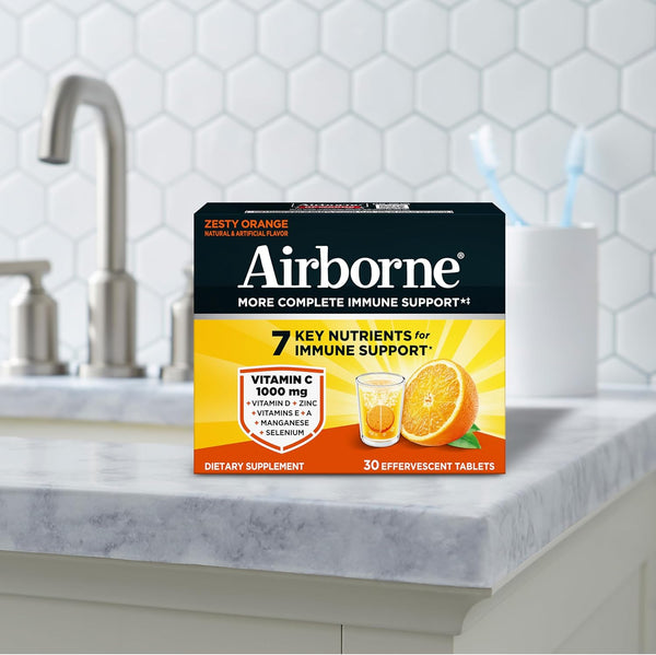 Airborne Vitamin C 1000Mg (Per Serving) - Zesty Effervescent Tablets, Gluten-Free Immune Support Supplement, Echinacea & Ginger, Orange, Citrus,