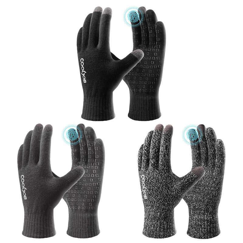 COOLJOB Warm Fleece Knit Winter Gloves for Men Women, Touch Screen Fingers, Non-slip Silicone Grip and Elastic Cuff Large (Pack of 3) Multicolor