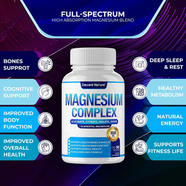 Magnesium Complex 7 Elemental Magnesium Supplement 1000mg – Magnesium Glycinate, Citrate, Malate, Taurate, Oxide, Aspartate, Orotate Non-GMO 90