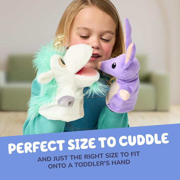 Bluey Unicorse & Bob Bilby Hand Puppet Plush Toys, 8-9”, 2-Pack | Soft deluxe fabric, embroidered details, perfect for toddler hands, imaginative