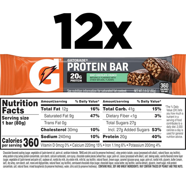 Gatorade Whey Protein Bars, Mint Chocolate Crunch, 2.8 Oz Bars (Pack of 12, 20G 