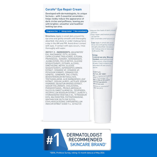 Cerave Eye Repair Cream, under Eye Cream for Puffiness and Bags under Eyes, Hyaluronic Acid + Niacinamide + Marine Botanical Complex, Oil Free &