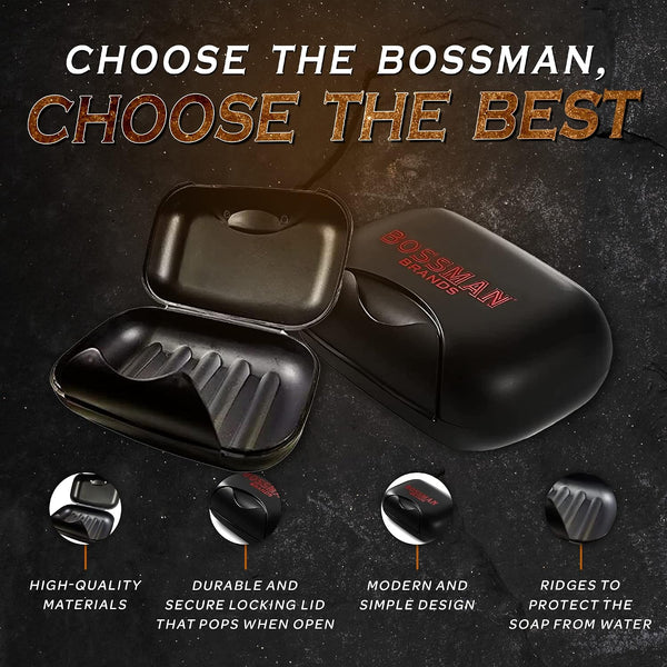 Bossman Travel Soap Container (Black) – Holder & Saver Case for Bar Soap for Men and Travel Toiletries Black Container