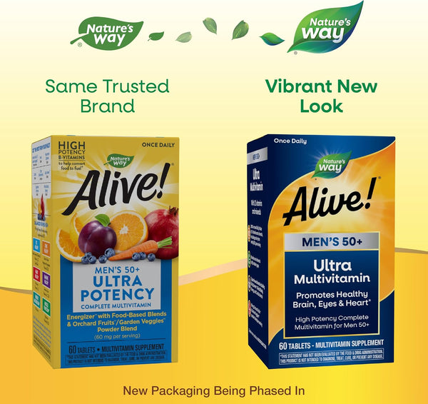 Nature's Way Alive! Menâs 50+ Daily Ultra Multivitamin, High Potency Formula, Supports Healthy Brain, Eyes & Heart*, with Methylated B12,