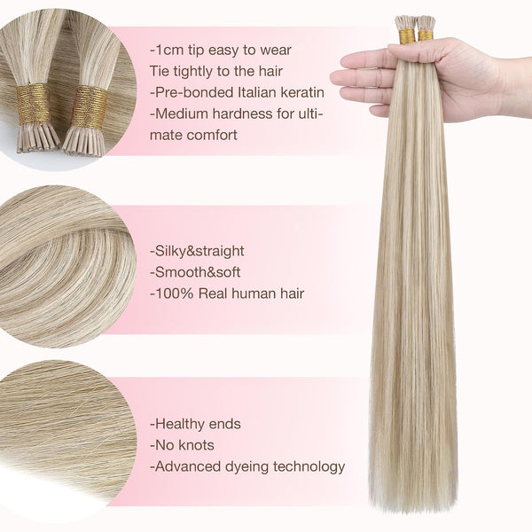 GOO GOO I Tip Hair Extensions Real Human Hair, 14inch 50g 100S, Cold Fusion I Tip Hair Extensions,18A/613A Dark Blonde Highlighted Bleach Blonde