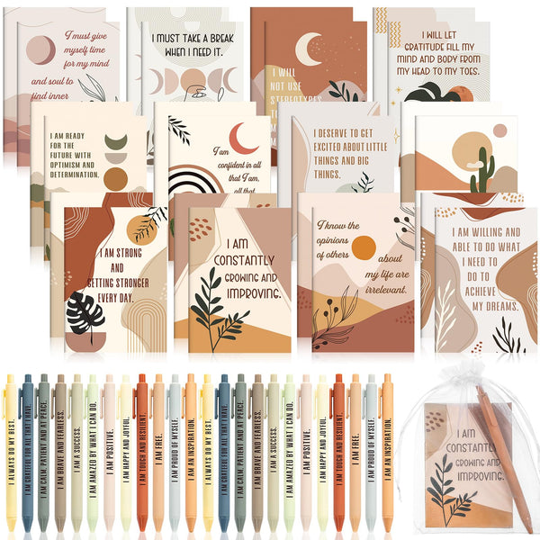 Mooliwe 24 Set/48 Pcs Positive Affirmation Gift Set Gratitude Notebooks with Pens Small Bags Motivational Encouragement Notepads Daily