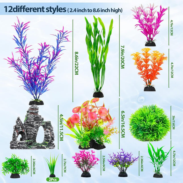 Cousduobe 13Pcs Aquarium Plants Cave Rock Decor Set& Fish Tank Artificial Plasti