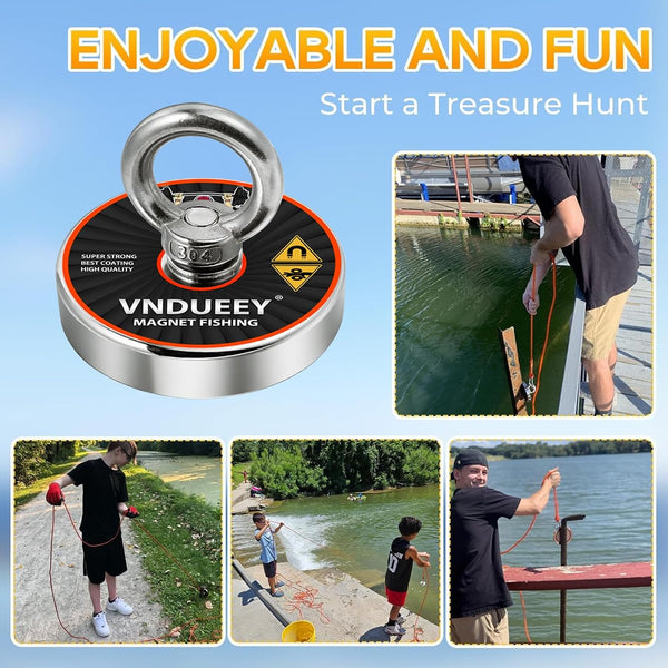 VNDUEEY 700LBS Magnet Fishing Kit, 2.95" Single Sided Fishing Magnet Kit with Rope, Strong Magnets for Retrieving in River Lake Beach Lawn,
