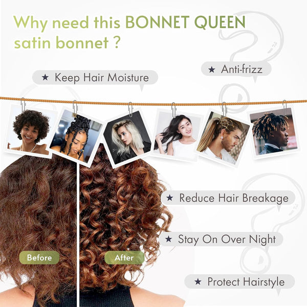 BONNET QUEEN Silk Bonnet for Sleeping Women Satin Bonnet Night Sleep Cap Wrap for Curly Hair with Adjustable Tie Band, Single Layer, Black+Rose