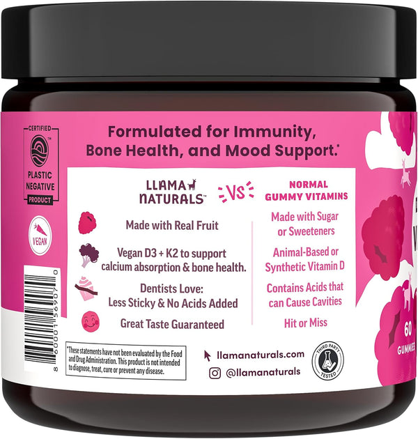 Llama Naturals Vitamin D3, Vegan, Organic Immune Support Supplement, Vitamin D Gummies for Adults and Kids, Real Fruit Gummy Vitamins, Promotes