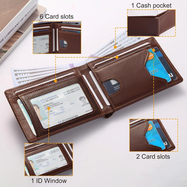 Slim Minimalist Mens Bifold Wallet, RFID Blocking Genuine Leather Wallet for Men with ID Window and 8 Cards Slot.ï¼ˆCoffeeï¼‰