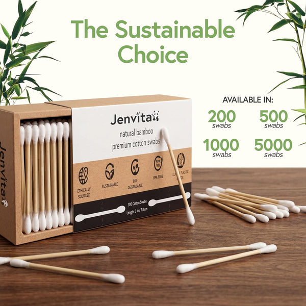 Jenvita 100% Bamboo Cotton Swabs for Ears (500-Pack) - Perfect for Baby & Personal Care | Double-Tipped Ear Swabs Cotton for Makeup & Cleaning |