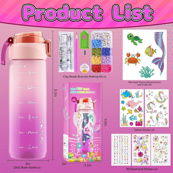 Decorate Your Own Water Bottle Kits for Girls, Mermaid Painting Diamond Art & Bracelet Making Kit for Girls, Crafts for Kids Ages 4-8, Birthday